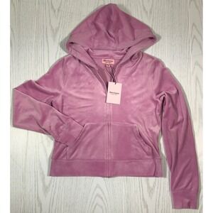 Juicy Couture Hoodie Women M Pink Bling Velour Soft Full Zip Pockets Stretch New